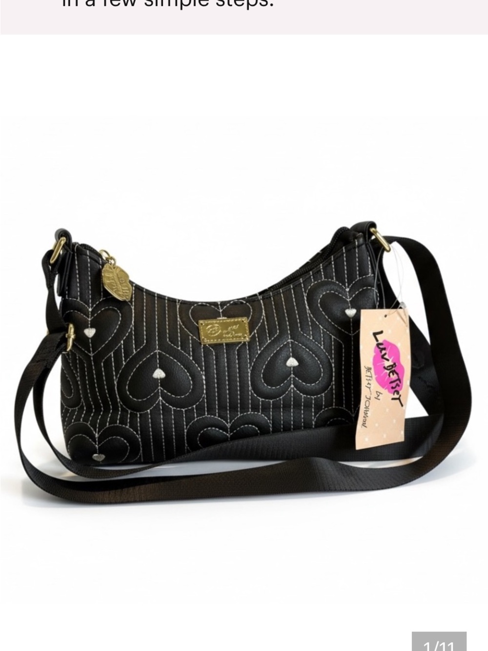 Betsey Johnson Black Quilted Heart Crossbody with Gold Hardware